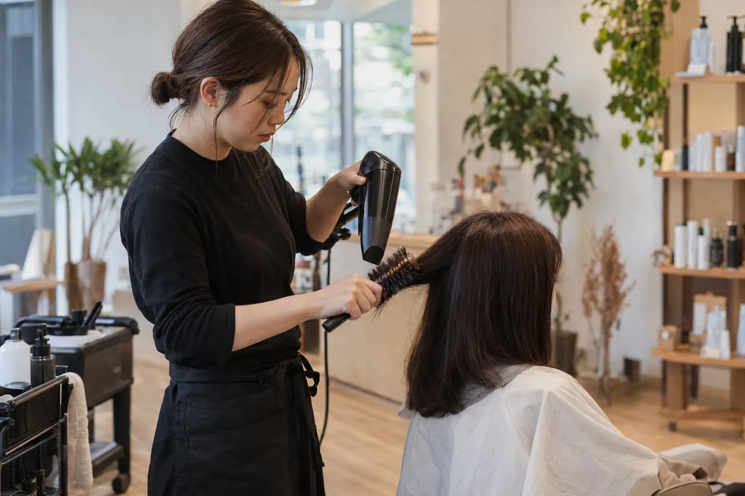 お客様の髪をブローする美容師