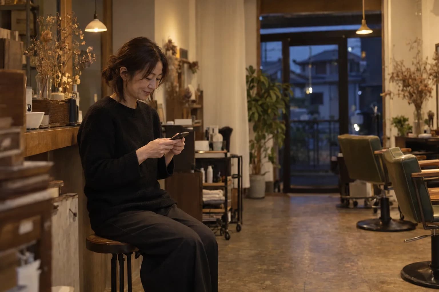 閉店後の店内で、スマートフォンを見ながらひと息つく店主